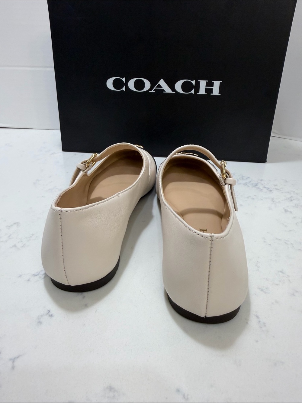 Coach Cream Leather Mary Janes with chalk/Black Patent Cap Toe and Gold Logo - Picture 8 of 11